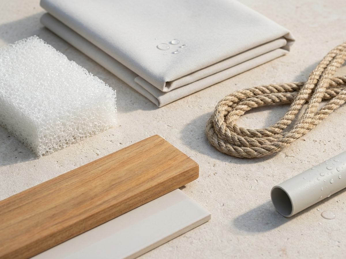 Outdoor furniture materials arranged in natural light