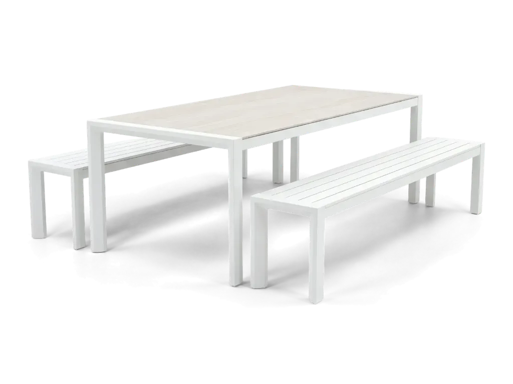 Florence Dining Bench Set — White & Travertine