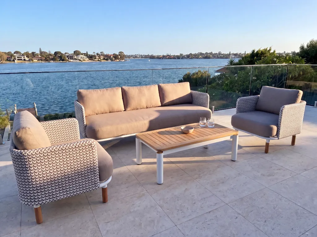 Majorca 5 Seat Lounge Setting with White Milan Coffee Table - Riverside Evening - CX3 - 4K.webp