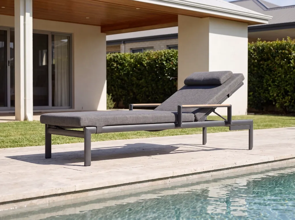 Colorado Sunlounger - Charcoal Dark Grey - Poolside Lifestyle - 4K.webp