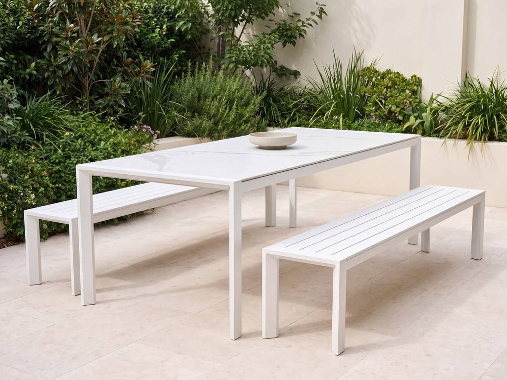 Florence White Marble Bench Setting - Garden Terrace - Lifestyle - Website 1600x1200.webp