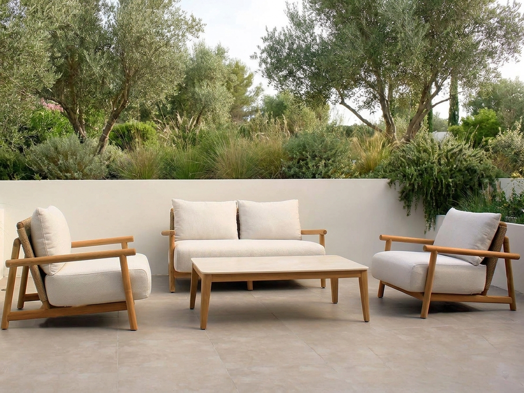 Corsica Lounge 4-Seat Setting with Torbay Ceramic Coffee Table - Loppy Marble - Soft Garden Lifestyle - Website 1600x1200.webp