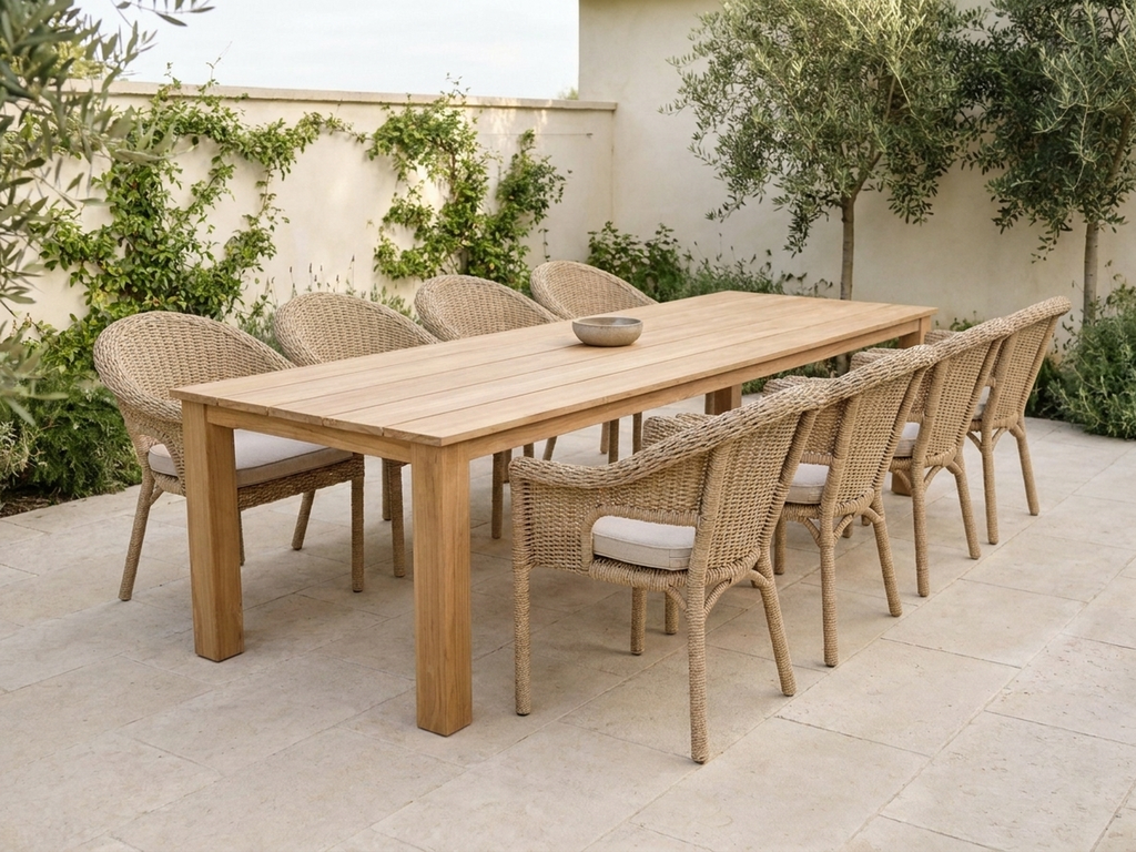Oxford 3m Dining Setting - Teak + 8 Valencia Wicker - Olive Courtyard Lifestyle - Website 1600x1200.webp